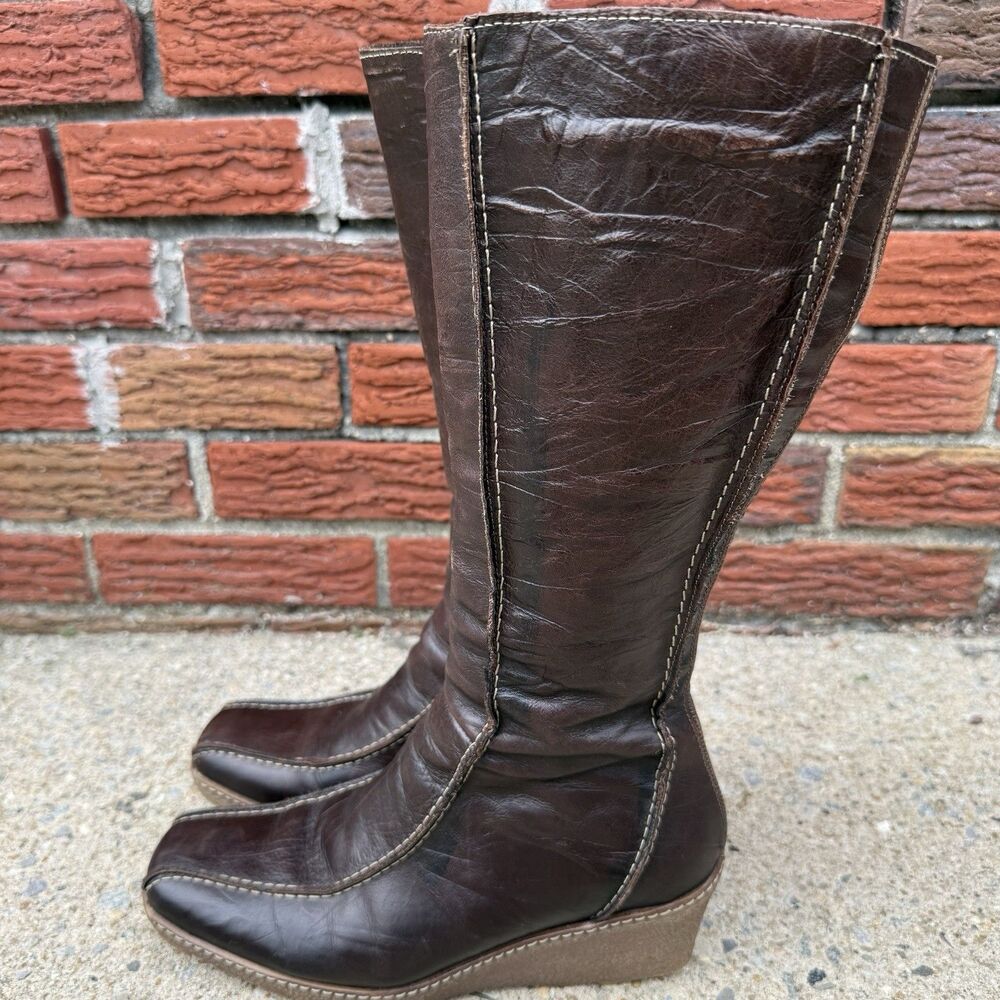 Vintage Brown Leather Wedge Boots Womens IT 39 US 8.5 Knee High Square Toe Y2K - Picture 4 of 15